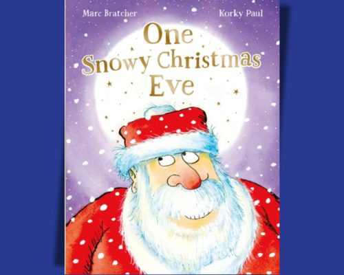 Book cover. Cartoon image of Santa's face with the words One Snowy Christmas Eve above.